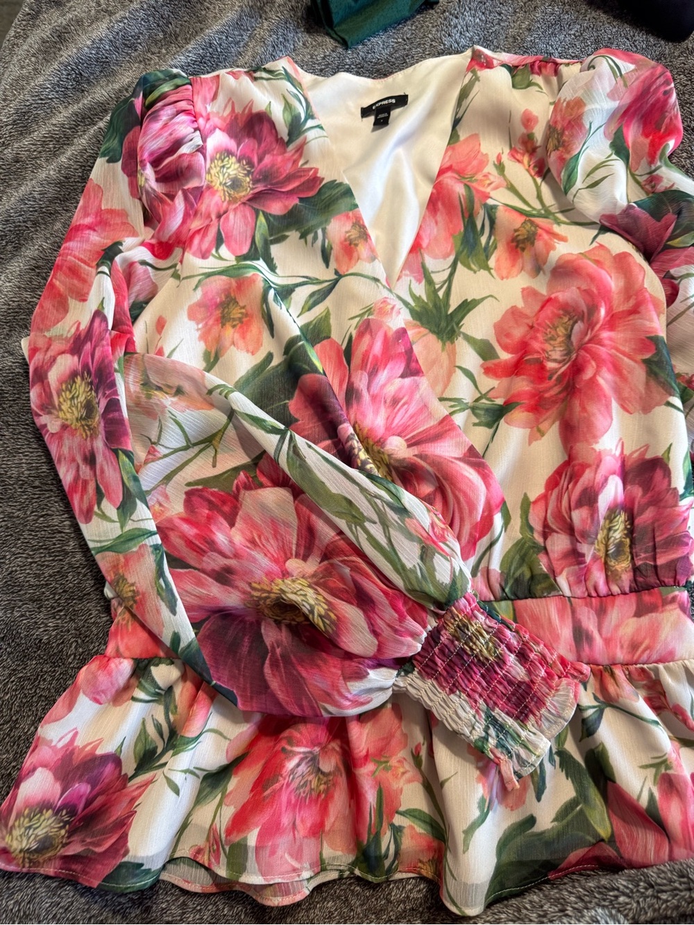 Express White Floral Wrap Top with Pink and Green Blooms
